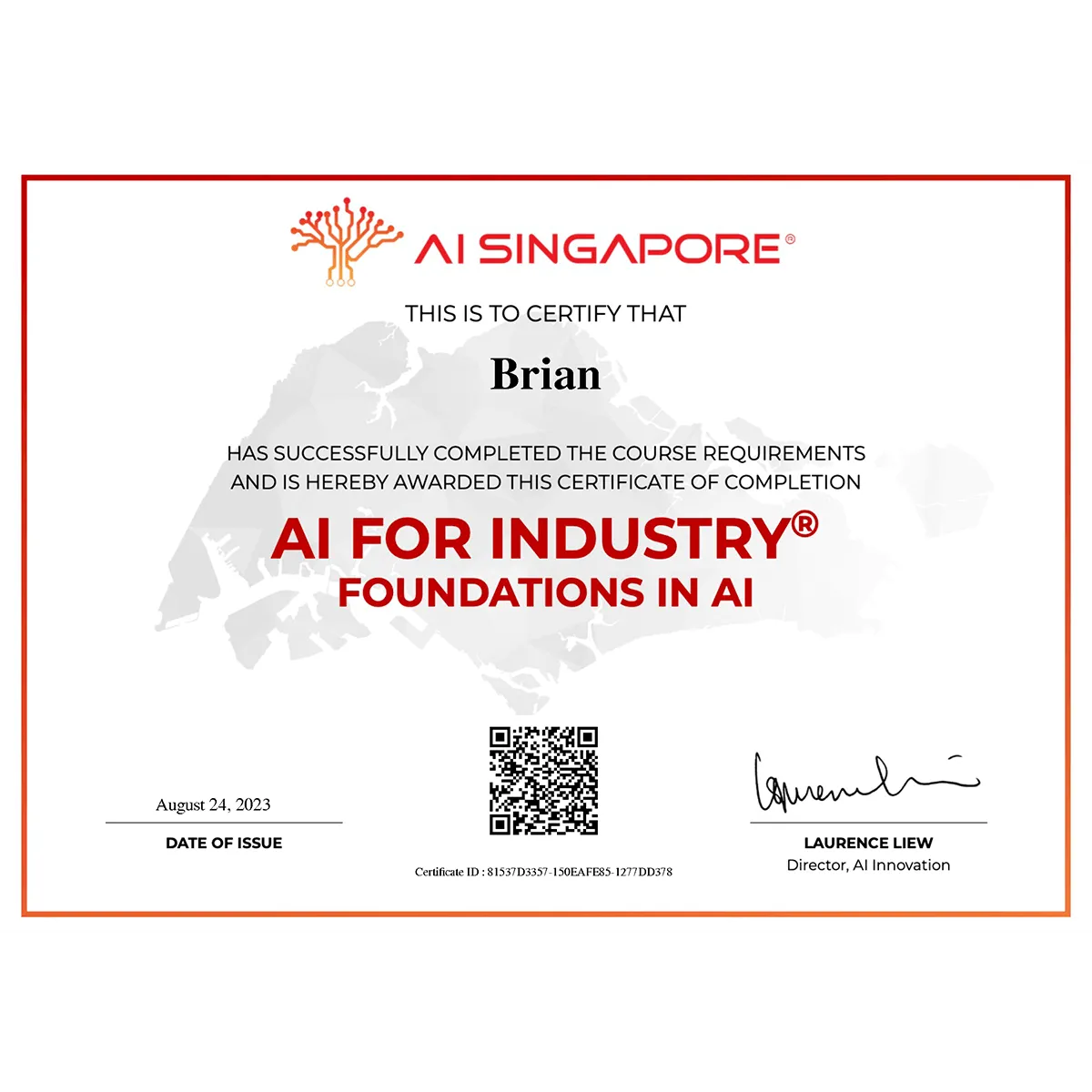 AI Singapore Foundations in AI certificate awarded to Brian Tham