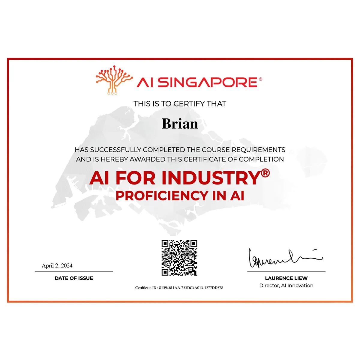 AI Singapore Proficiency in AI certificate awarded to Brian Tham