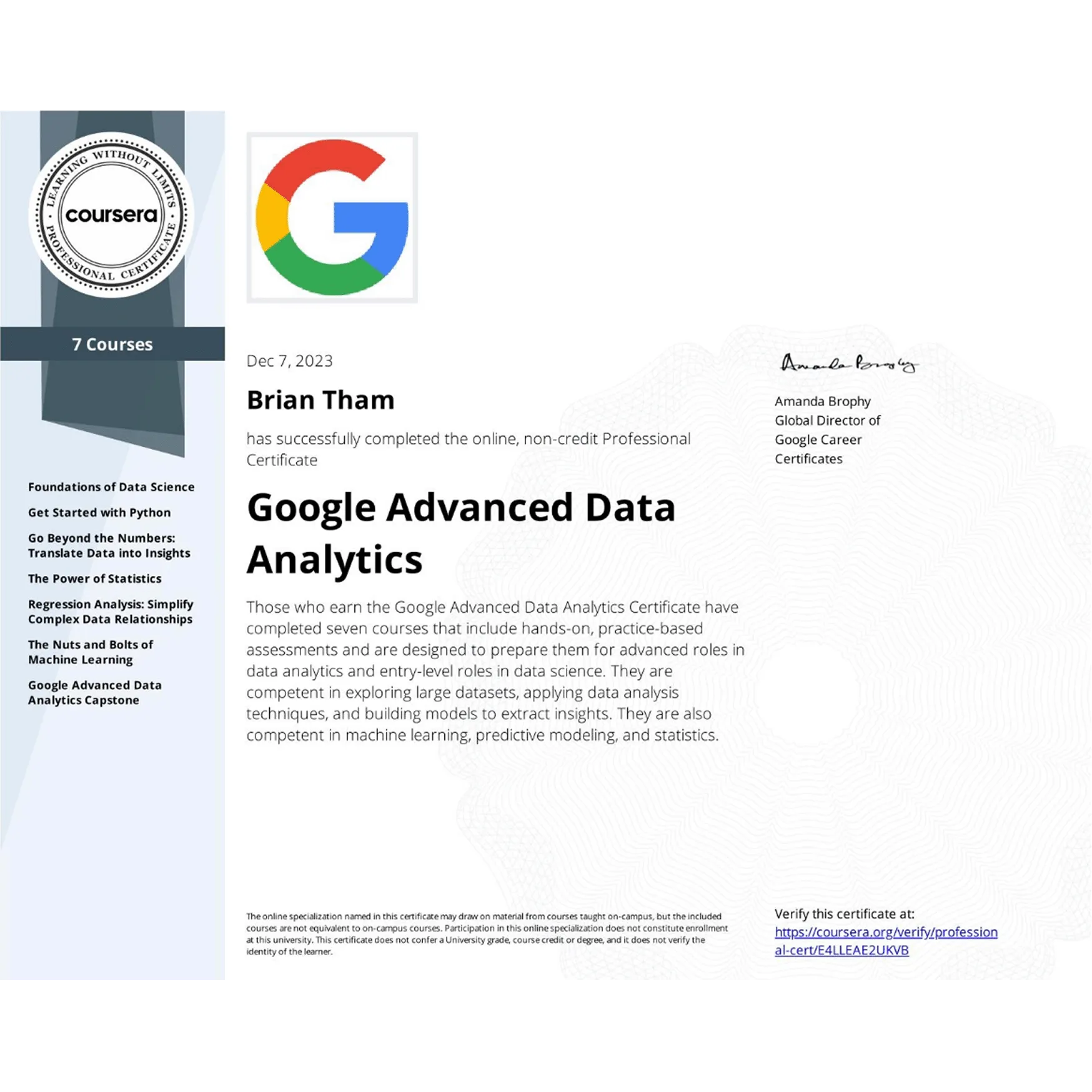 Google Advanced Data Analytics certificate awarded to Brian Tham