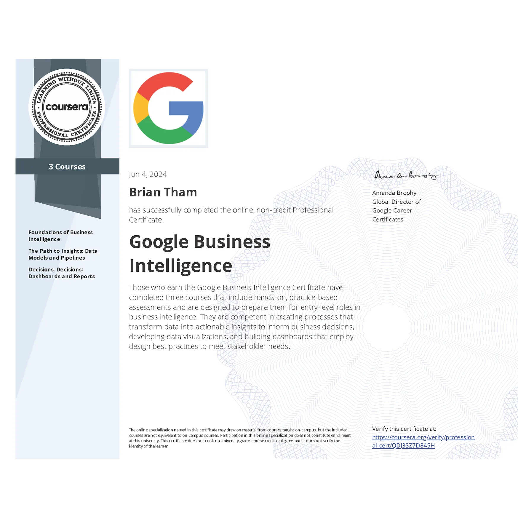Google Business Intelligence certificate awarded to Brian Tham
