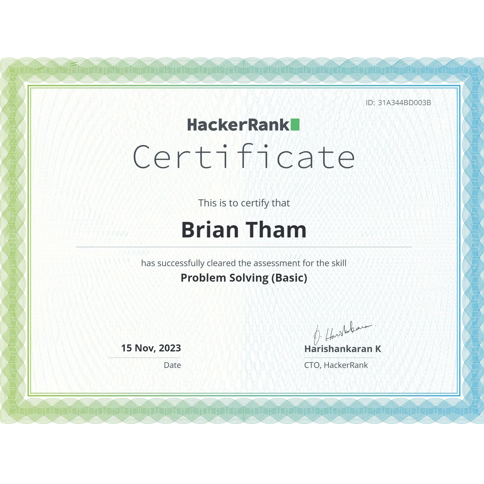 HackerRank Problem Solving Basic certificate awarded to Brian Tham