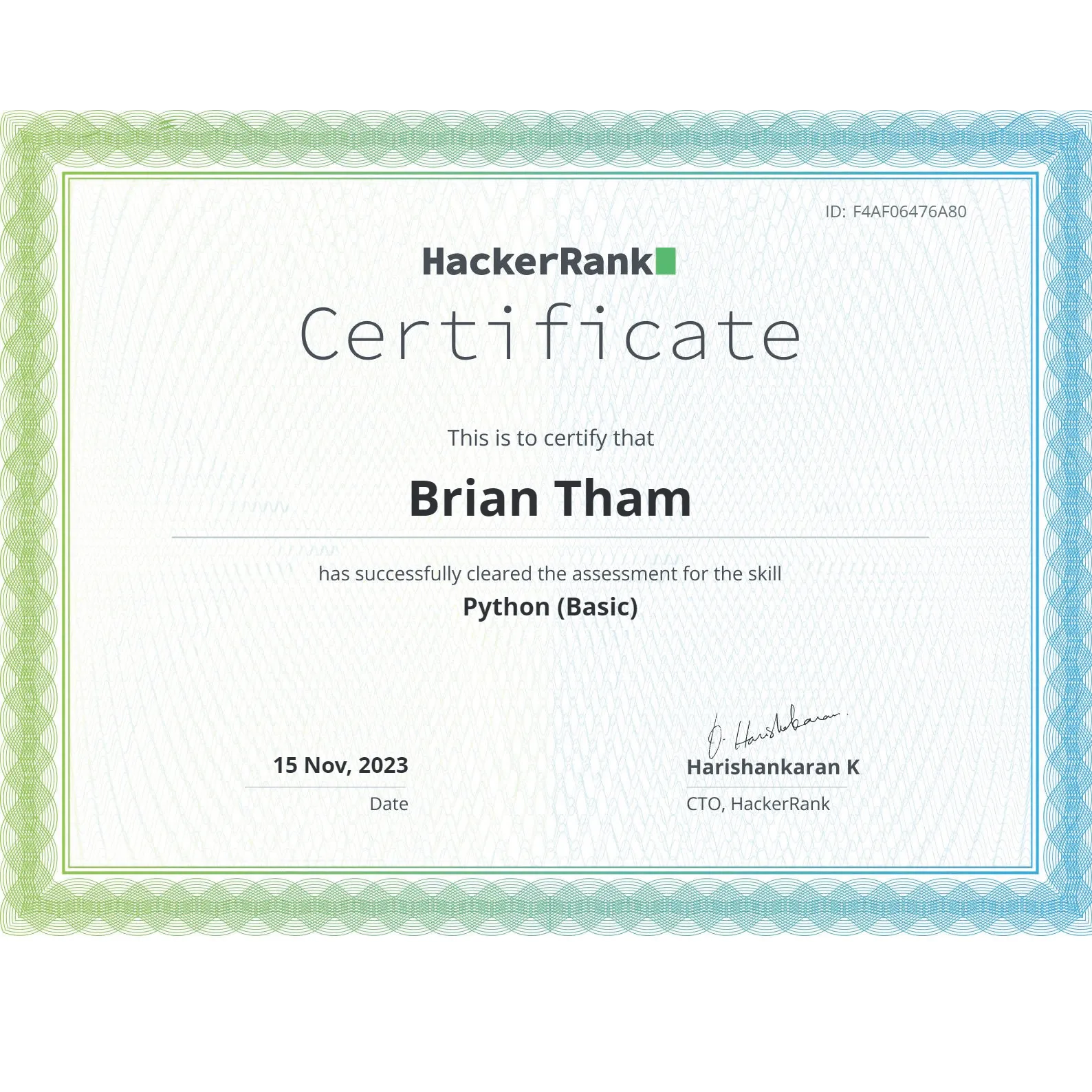 HackerRank Python Basic certificate awarded to Brian Tham